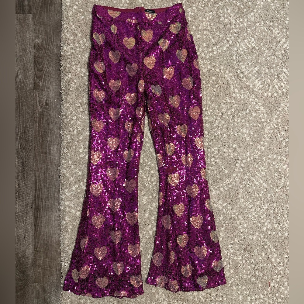 Pink Sequin Heart Flare Pants